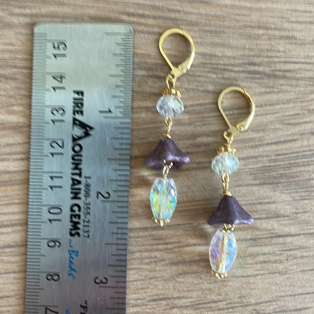 HAND CRAFTED PIERCED EARRINGS Dangling AB Crystals Purple Czech Beads - Picture 7 of 12